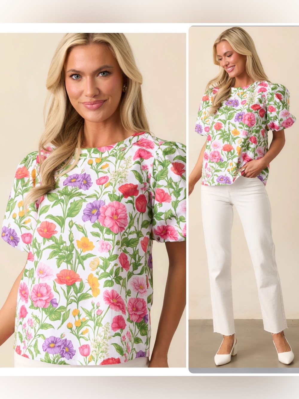 Prosperina Lane Cotton Secret Garden Floral Puff-Sleeve Blouse Top NWT $118